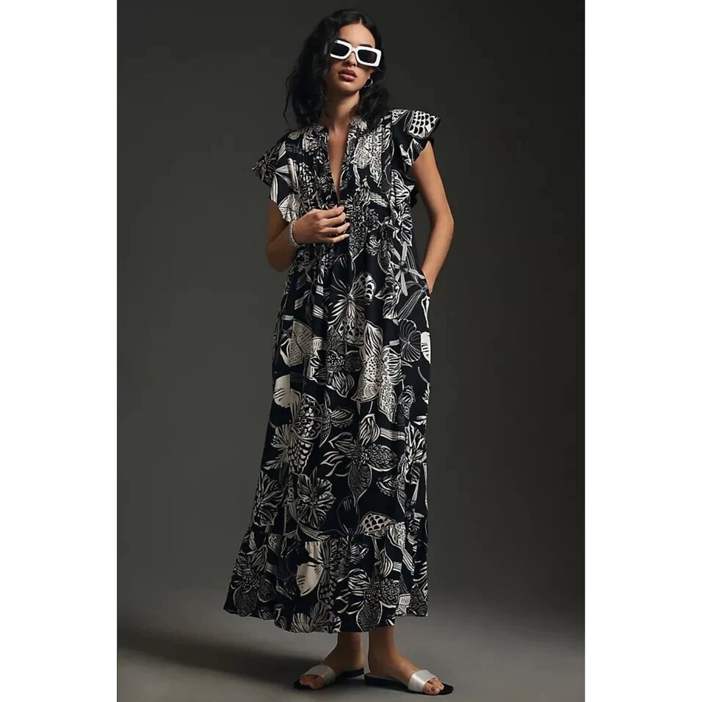 Anthropologie Maeve Cassandra Maxi Dress Black White Floral Flutter Sleeve M